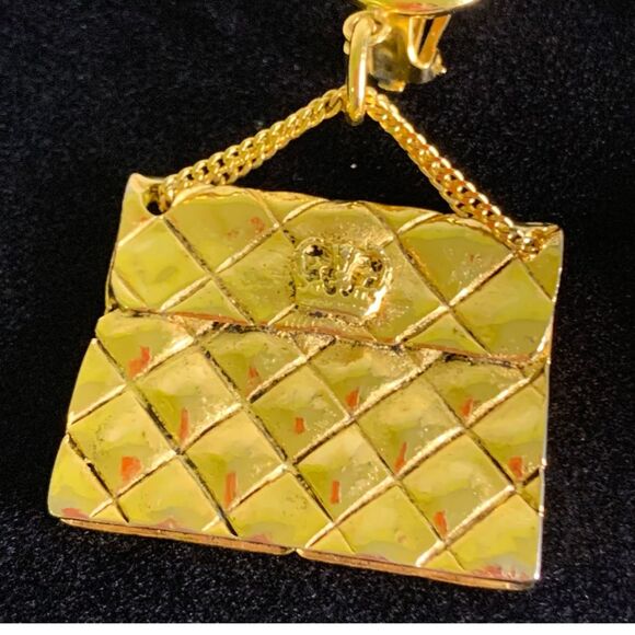 Gold Tone Purse Shape 80"s Inspired Dangle Earrings Clip -on VTG - Picture 4 of 9